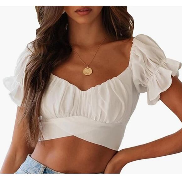 Saints Secrets L Womens White Ruffle Short Sleeve Tie Up Back Crop Top Boho - Picture 10 of 10